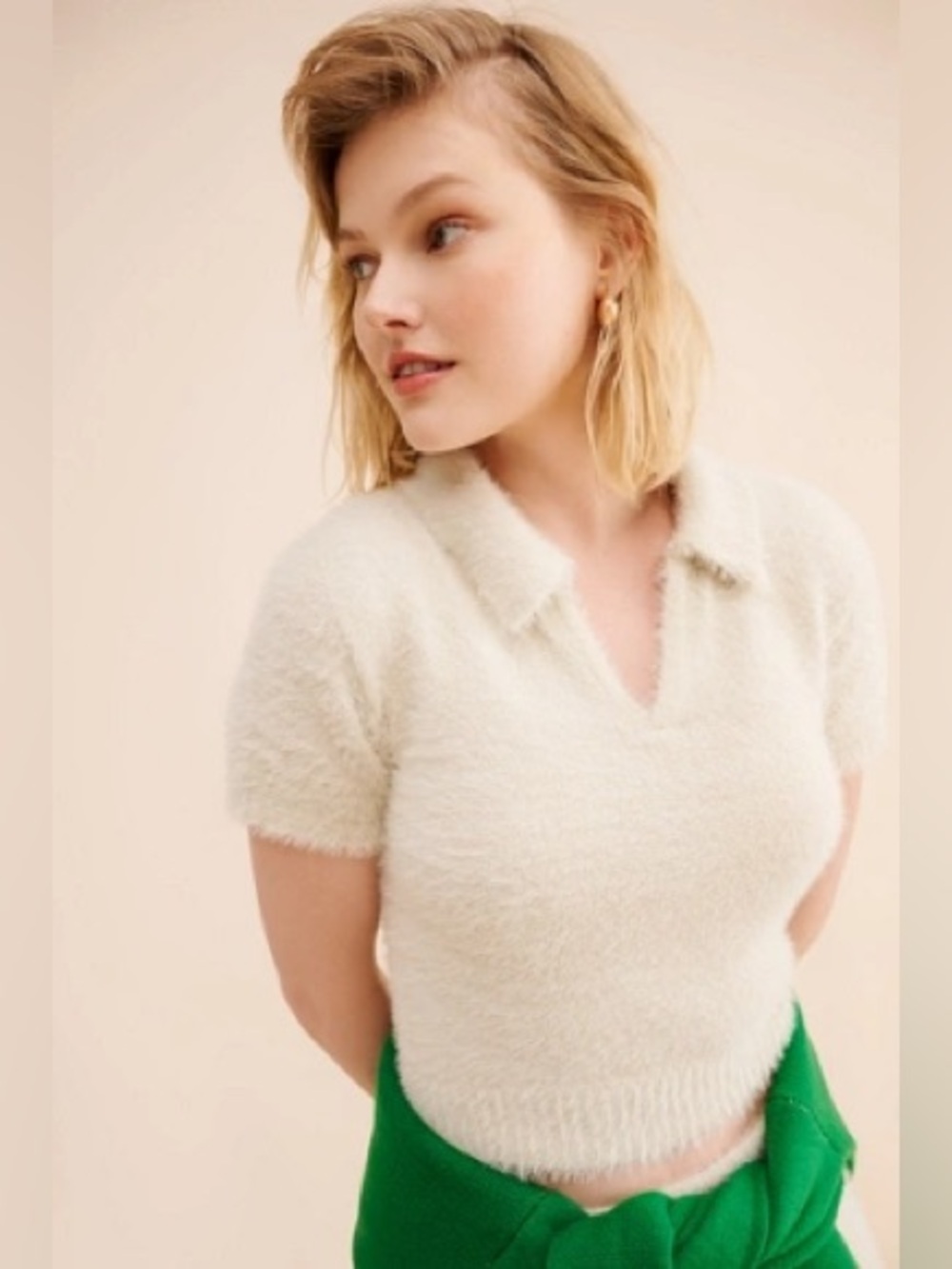 Large ALOHAS Maude tricot alohas short sleeve polo collar eyelash sweater cream
